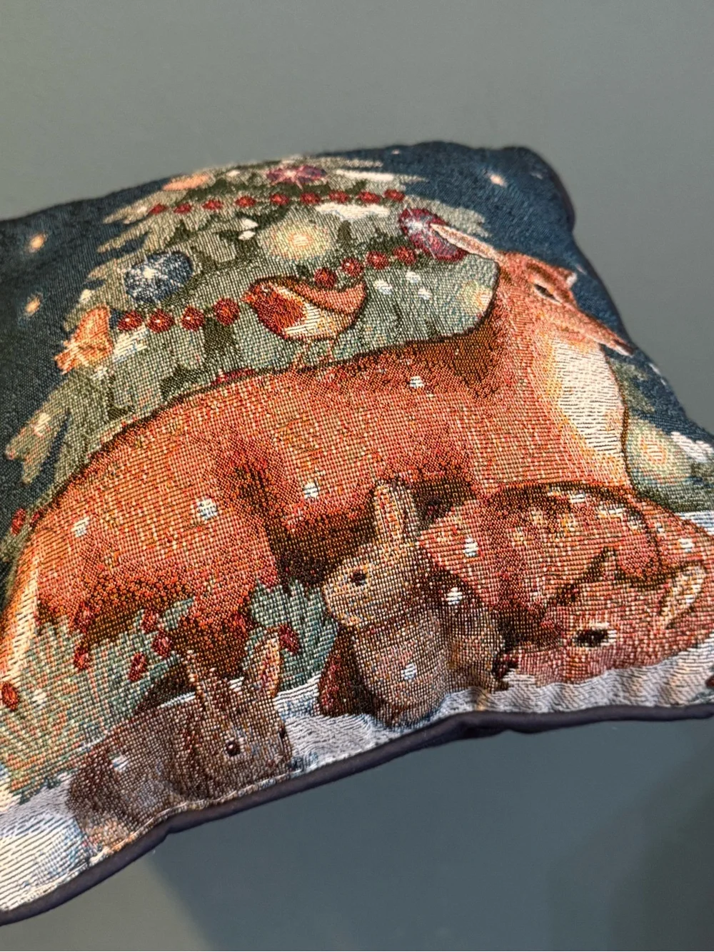 Needlepoint Tapestry Throw Pillow with a Christmas Tree - deer, Fawn, rabbit